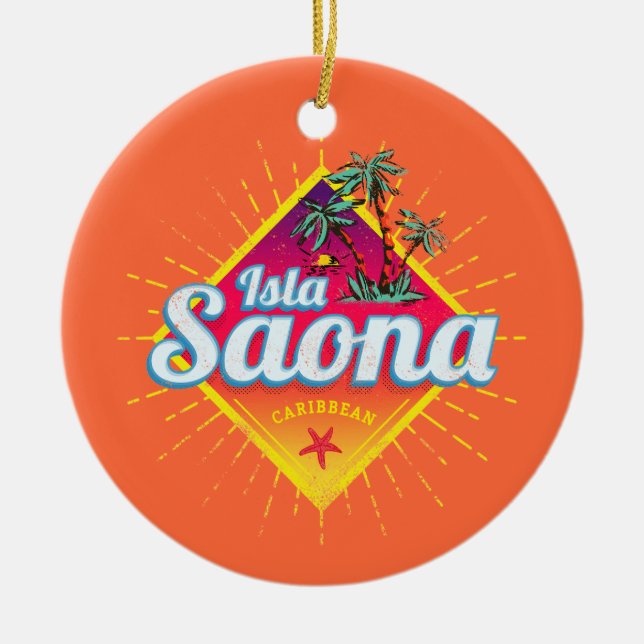 Isla Saona Caribbean Dominican Republic Retro Ceramic Tree Decoration (Front)