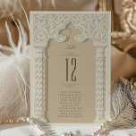 Islamic Arabesque Wedding Table Number Card<br><div class="desc">Set a regal tone at your wedding reception with this luxurious table number card, inspired by the intricate artistry of Arabesque design. The card showcases an elaborate ivory arch with swirling patterns reminiscent of traditional Middle Eastern art, set against a rich taupe canvas. The main attraction, a grand table number,...</div>