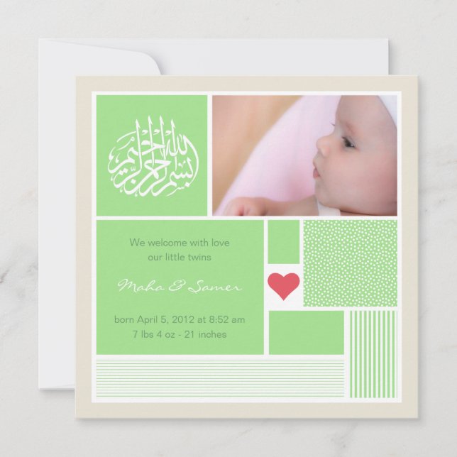 Islamic baby aqiqah announcement invitation twins (Front)