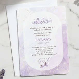 Islamic Baby Girl Aqeeqah Bismillah Purple Gold Invitation