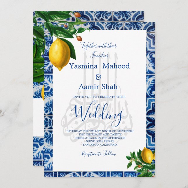 Islamic Bismillah Lemons Blue White Tile Monogram Invitation (Front/Back)