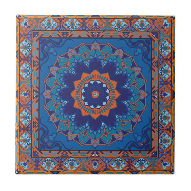 Islamic Blue And Orange Pattern Ceramic Tile (Front)