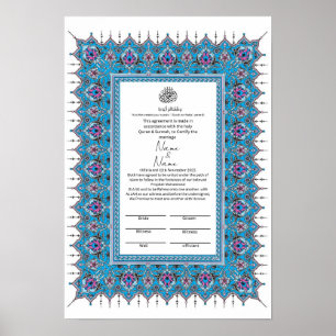 Islamic Blue border patterns Nikkah certificate Poster