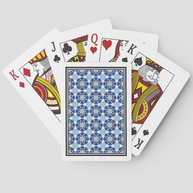 Islamic Blue White Moroccan Geometric Pattern Playing Cards (Back)