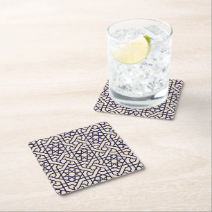 Islamic Blue White Moroccan Geometric Pattern Square Paper Coaster