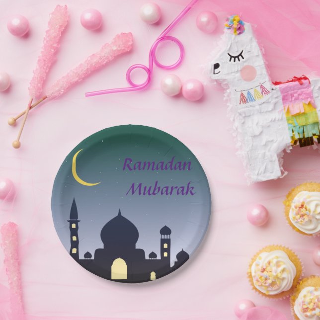 Islamic Crescent Ramadan Kareem Typographic Art Paper Plate (Party)