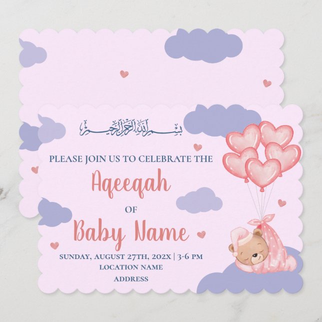 Islamic Cute Pink Girl Aqeeqah Invitation Card (Front/Back)