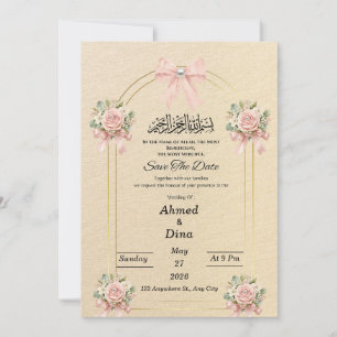 Islamic Elegant Gold Arch Pink Floral Pearl save The Date