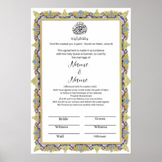 Islamic floral border Nikkah certificate  Poster