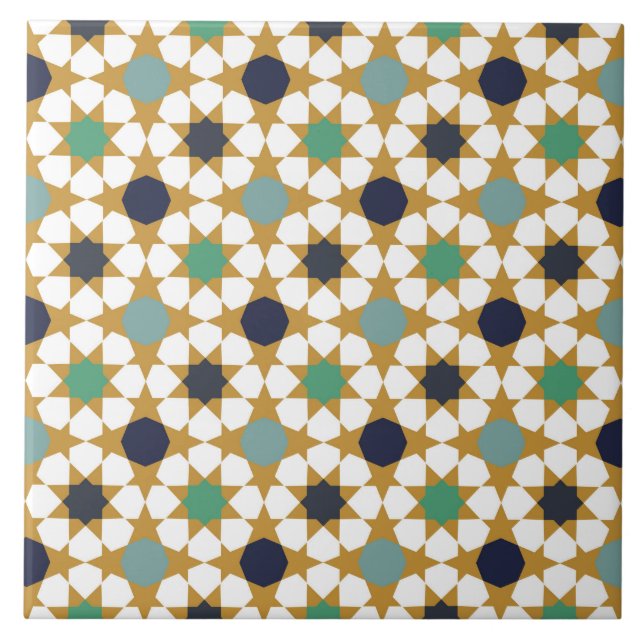 Islamic Geometric Blue Gold Motif Pattern Tile (Front)