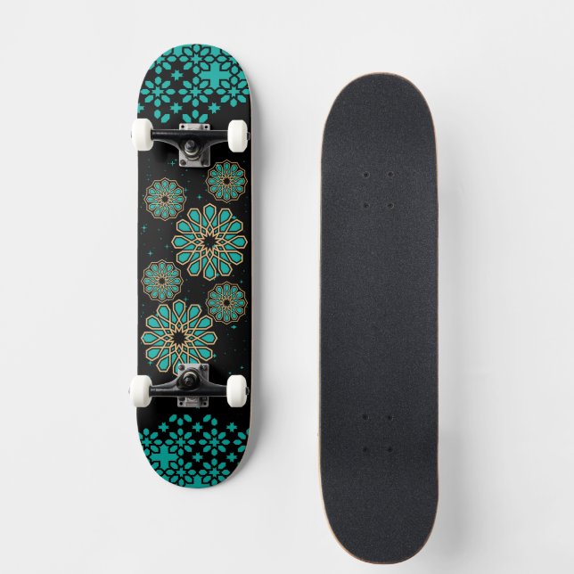  Islamic Geometric Pattern in Turquoise Skateboard (Front)