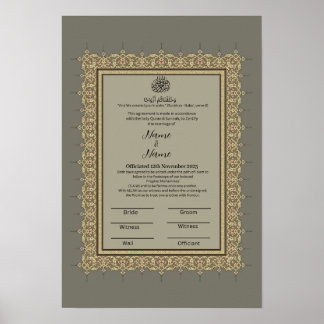 Islamic Gray floral border Nikkah certificate  Poster
