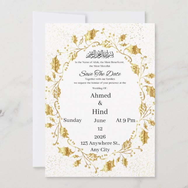 Islamic Luxury Gold Leaf Wreath Confetti Invitation (Front)