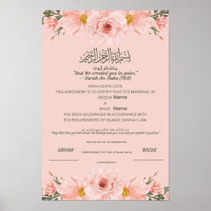 Islamic Nikah Certificate Blush Pink Watercolor Poster