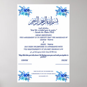 Islamic Nikah Certificate Royal Blue Watercolor Poster