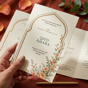 Islamic Nikah Peach Floral Arch Wedding Tri-Fold Programme