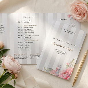 Islamic Nikah Wedding   Blush Peony Grey Stripe Tri-Fold Programme