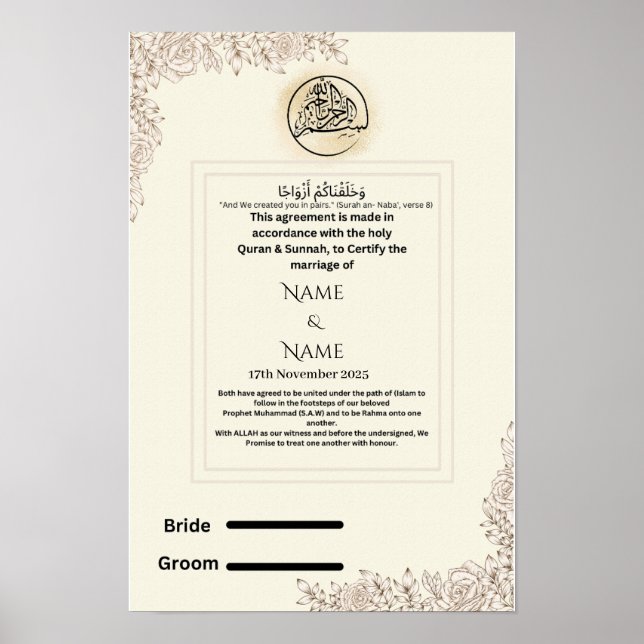 Islamic nikkah certificate  poster (Front)