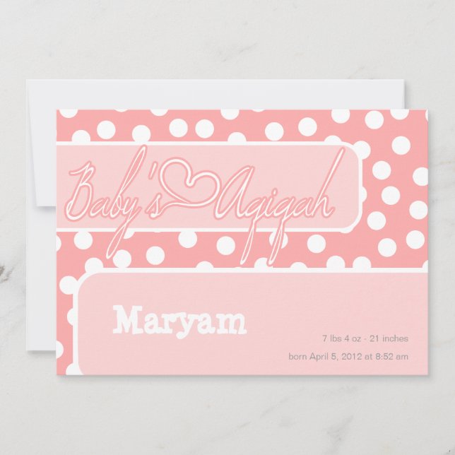 Islamic polka dot  pink baby aqiqah bismillah invitation (Front)