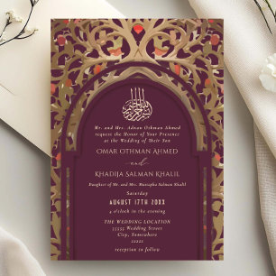 Islamic Red Maroon Mihrab Arabesque Wedding Invitation