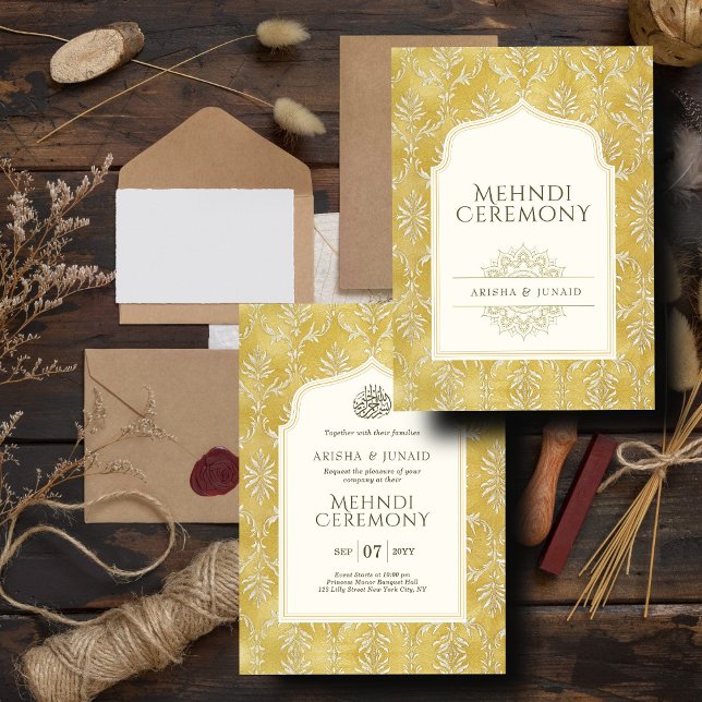 Islamic Royal Golden Damask Muslim Mehndi Ceremony Invitation (Creator Uploaded)