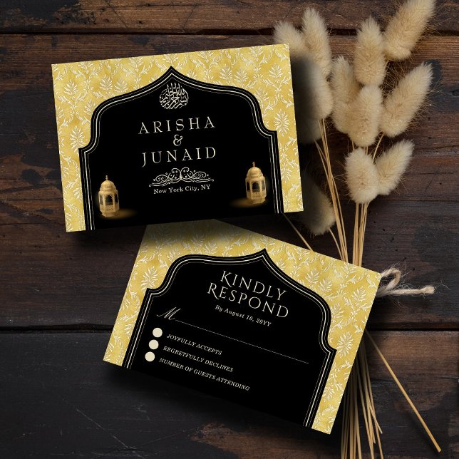 Islamic Royal Golden Damask Muslim Wedding RSVP Card (Creator Uploaded)