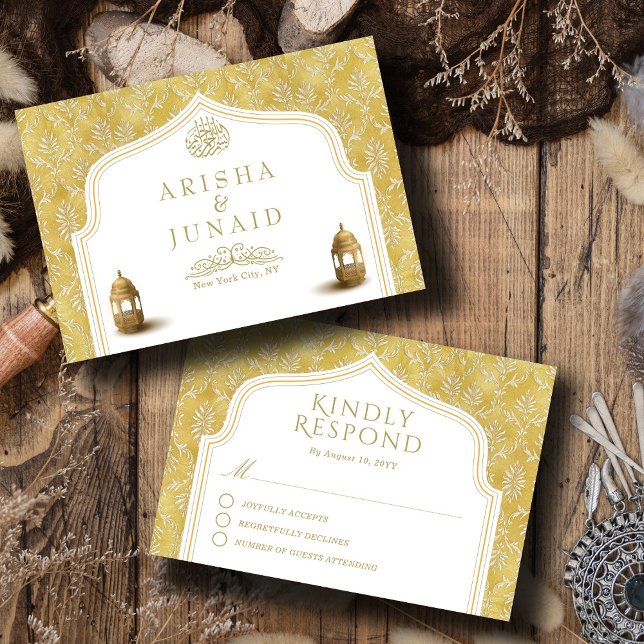Islamic Royal Golden Damask Muslim Wedding RSVP Card (Creator Uploaded)