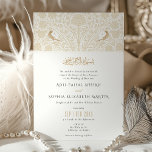 Islamic Victorian Fusion Wedding Invitation<br><div class="desc">This exquisite wedding invitation merges the intricate beauty of Victorian design with the elegant script of Islamic art. The front cover features a symmetrical Victorian floral pattern in gold, accented with a pair of love birds, each carrying an initial from the couple's names. The interior of the invitation reveals a...</div>