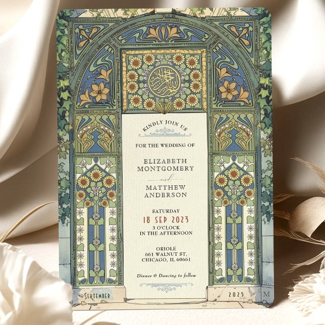 Islamic Wedding Blue, Gold, Green Arch Invitation (Creator Uploaded)