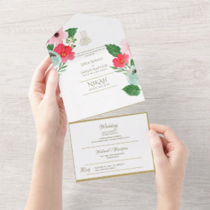Islamic WEDDING NIKAH WALLIMAH Gold Floral All In  One Invitation