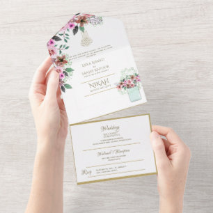 Islamic WEDDING NIKAH WALLIMAH Gold Floral All In  One Invitation