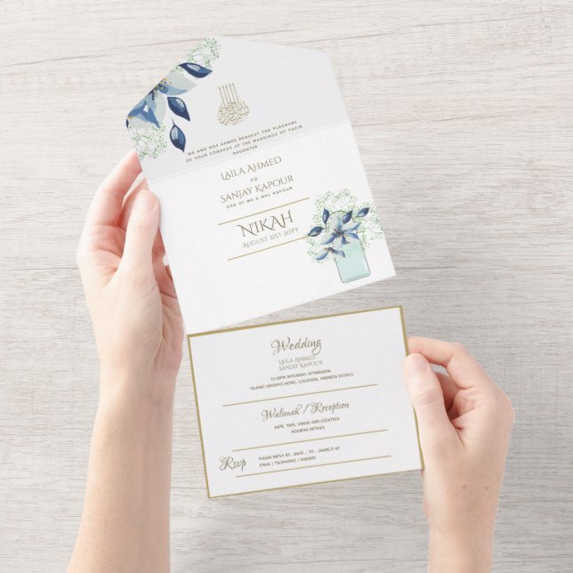Islamic WEDDING NIKAH WALLIMAH Gold Floral All In  One Invitation (Tearaway)