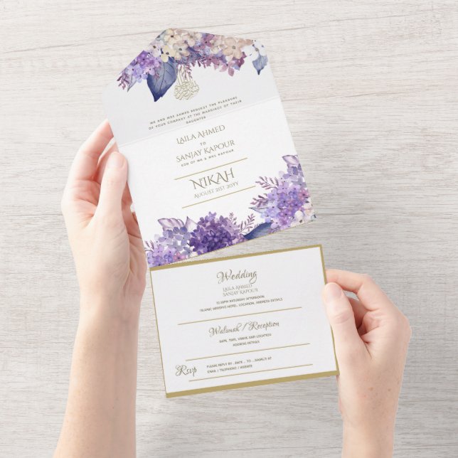 Islamic WEDDING NIKAH WALLIMAH Gold Floral All In One Invitation (Tearaway)