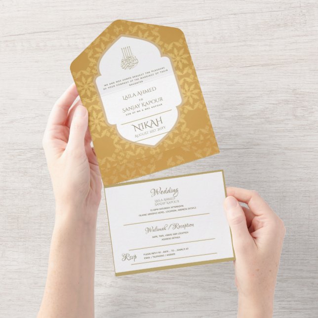 Islamic WEDDING NIKAH WALLIMAH Gold Ornate All In  All In One Invitation (Tearaway)