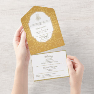 Islamic WEDDING NIKAH WALLIMAH Gold Ornate All In  One Invitation