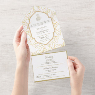 Islamic WEDDING NIKAH WALLIMAH Gold Ornate All In  One Invitation