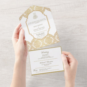 Islamic WEDDING NIKAH WALLIMAH Gold Ornate All In  One Invitation