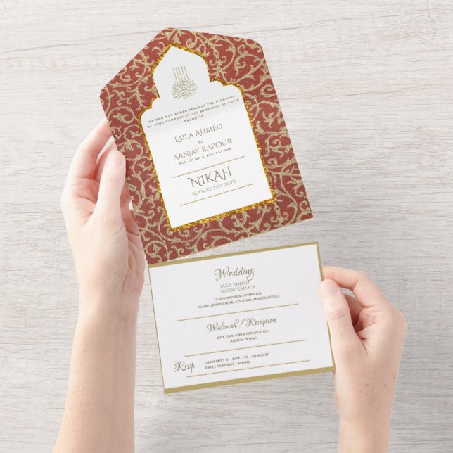 Islamic WEDDING NIKAH WALLIMAH Gold Red Ornate All In One Invitation (Tearaway)