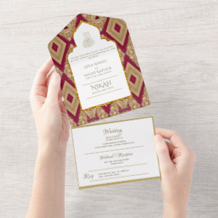 Islamic WEDDING NIKAH WALLIMAH Gold Red Ornate All In One Invitation