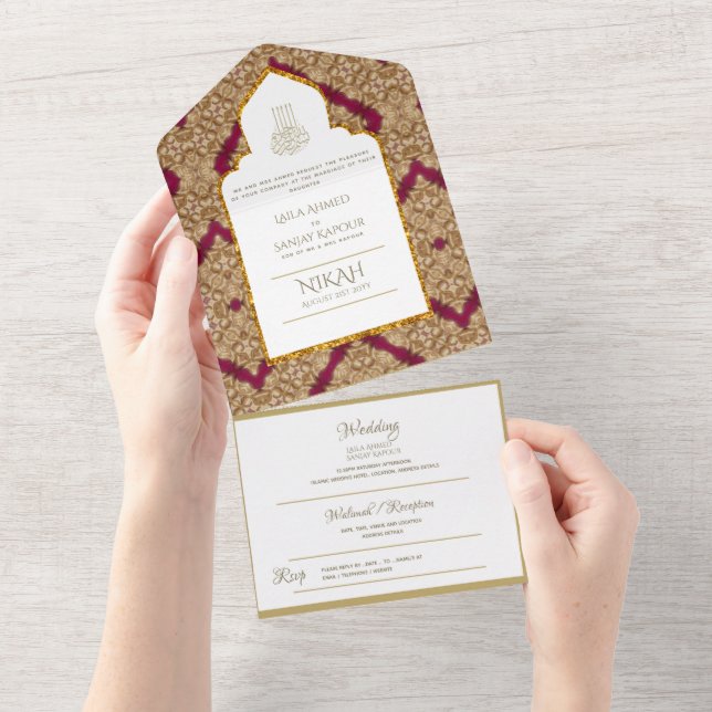 Islamic WEDDING NIKAH WALLIMAH Gold Red Ornate All In One Invitation (Tearaway)
