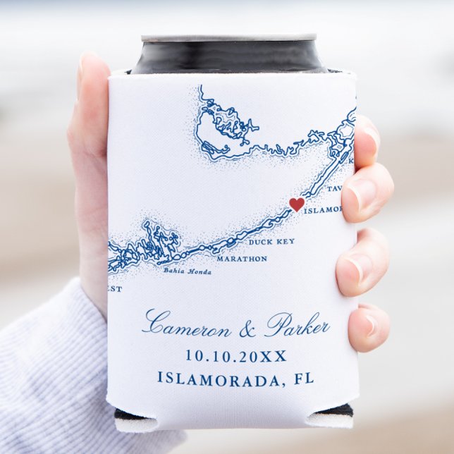Islamorada FL Map Elegant Navy Blue Wedding Favour Can Cooler (Islamorada Florida Keys Wedding Favor Can Coozie in Elegant Navy Blue from Coastal Map Designs)