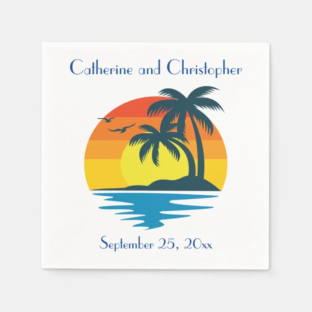 Island Beach Palm Tree Tropical Wedding or Party Napkin (Front)