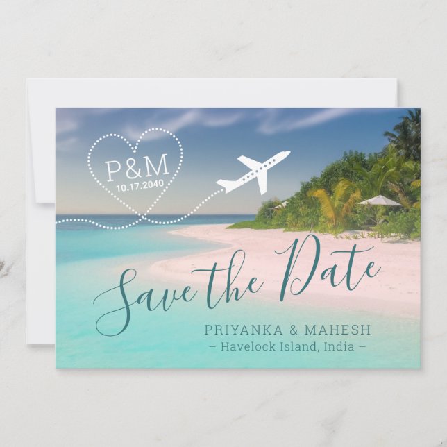 Island Beach Wedding Heart Aeroplane Save the Date (Front)