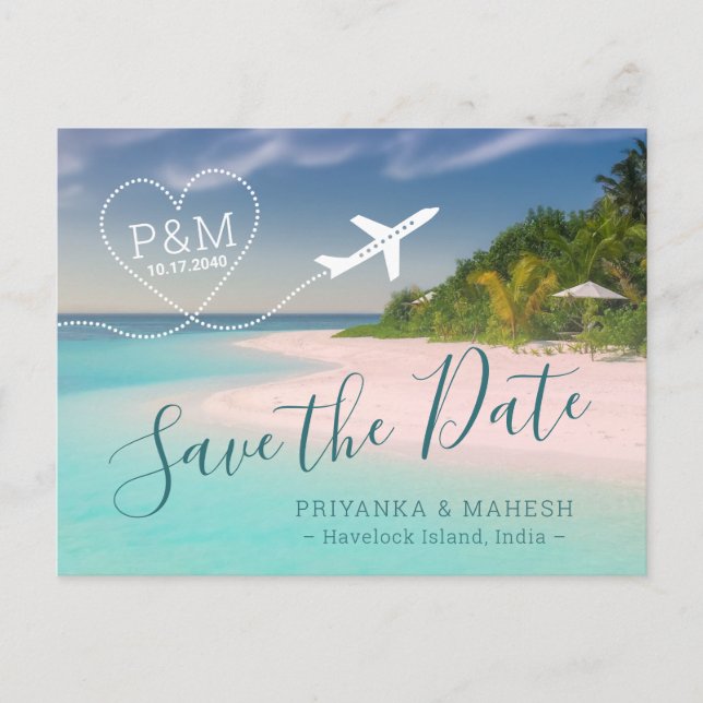Island Beach Wedding Heart Aeroplane Save the Date Announcement Postcard (Front)