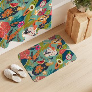 Island Blooms and Fruits on Mint Blue Bath Mat