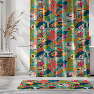 Island Blooms and Fruits on Mint Blue Shower Curtain