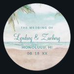 Island Breeze Painted Beach Scene Monogram Wedding Classic Round Sticker<br><div class="desc">Island Breeze Painted Beach Scene, with Ocean Waves, Sandy Beach, and Palm Trees, with a beautiful teal blue sky. With Modern Typography Script Fonts. A Summer Tropical Beach, Or destination wedding design - Personalised Wedding Monogram Name Stickers! ~ Check my shop to see the entire wedding suite for this design!...</div>