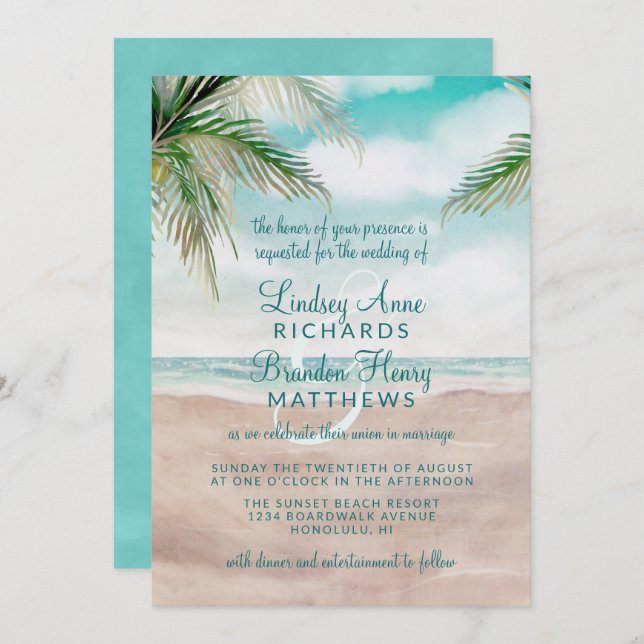 Island Breeze Painted Beach Scene Wedding Invitation (Front/Back)