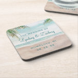 Island Breeze Painted Beach Scene Wedding Monogram Coaster<br><div class="desc">Island Breeze Painted Beach Scene, with Ocean Waves, Sandy Beach, and Palm Trees, with a beautiful teal blue sky. With Modern Typography Script Fonts. A Summer Tropical Beach, Or destination wedding design - Personalised Wedding Dinner Reception Table Decor Monogram Coasters! ~ Check my shop to see the entire wedding suite...</div>