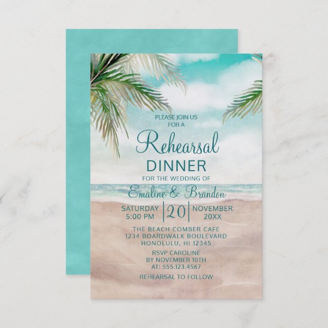 Island Breeze Sandy Beach Wedding Rehearsal Dinner Invitation (Front/Back)